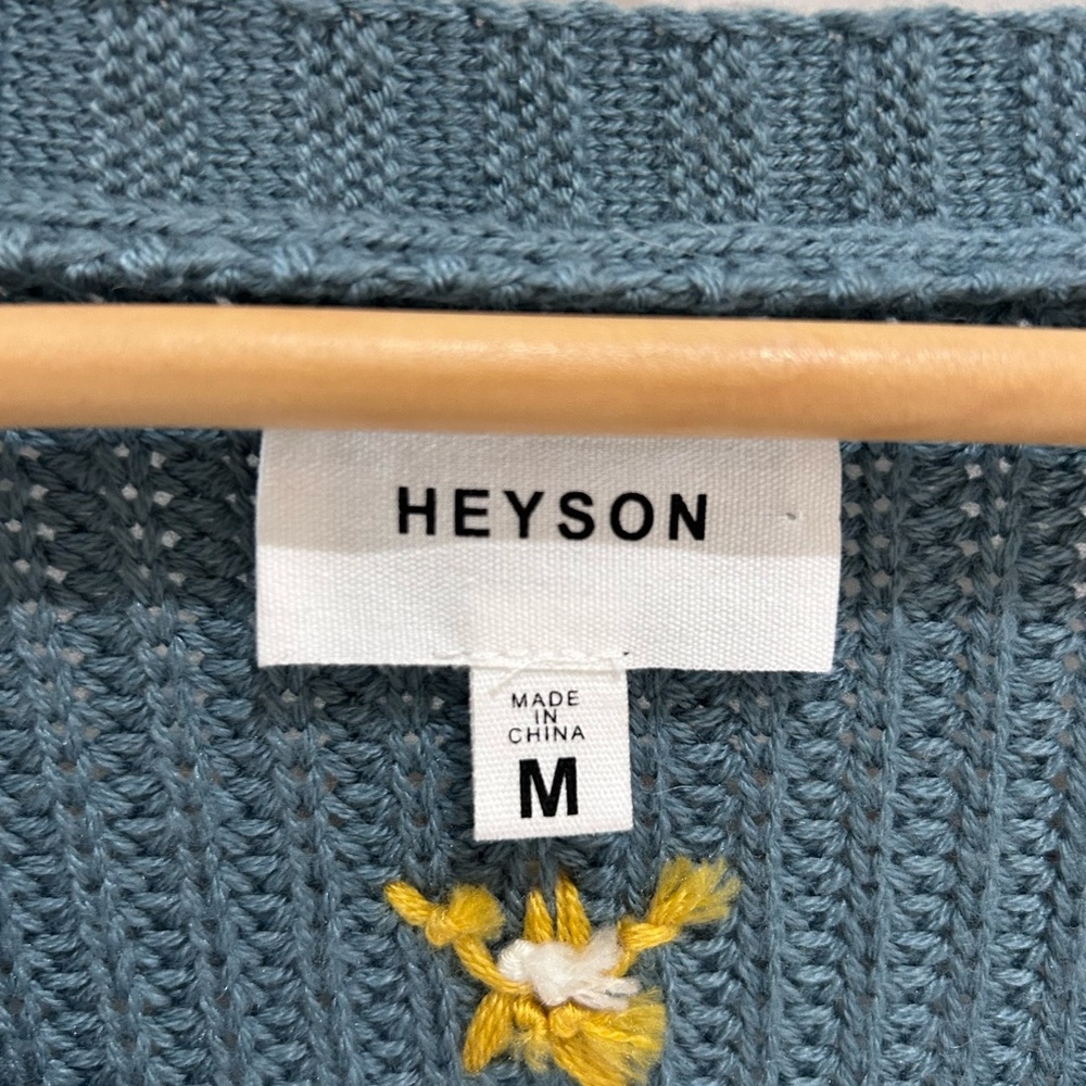 Heyson Teal Cable Knit V Neck Cardigan Sweater Embroidered Yellow Flowers Medium - Picture 2 of 6